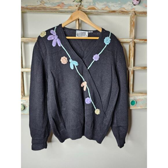 Vintage Gitano Black Sweater with Crochet flowers Ladies Size XL - Picture 1 of 9